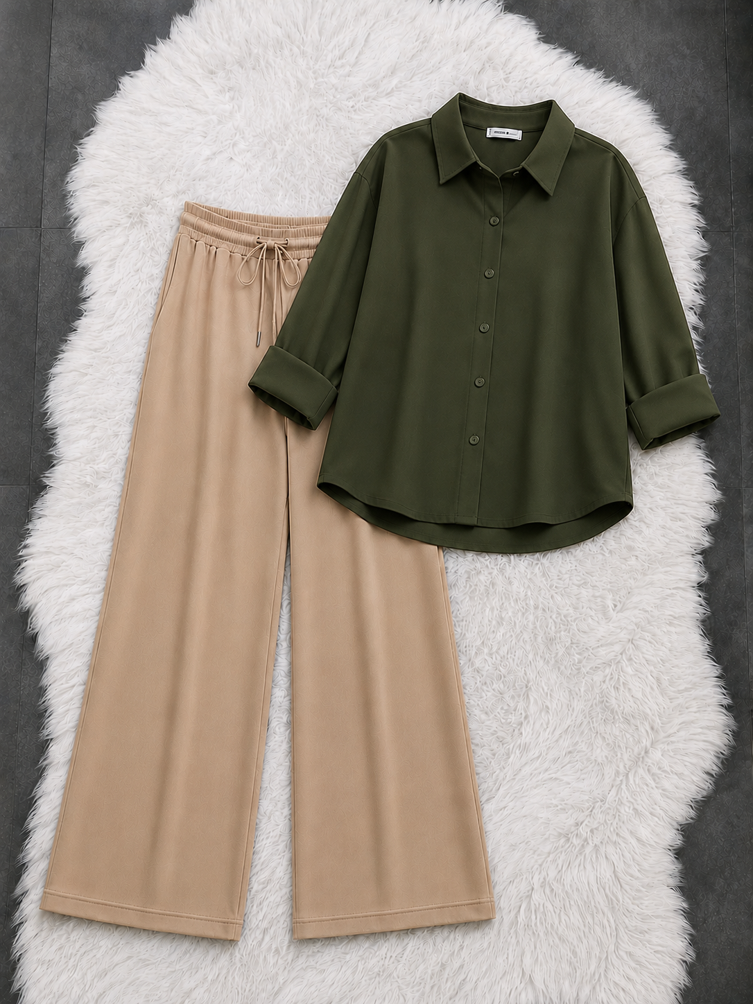 Olive Green Button Down Shirt With Beige Flapper Trouser
