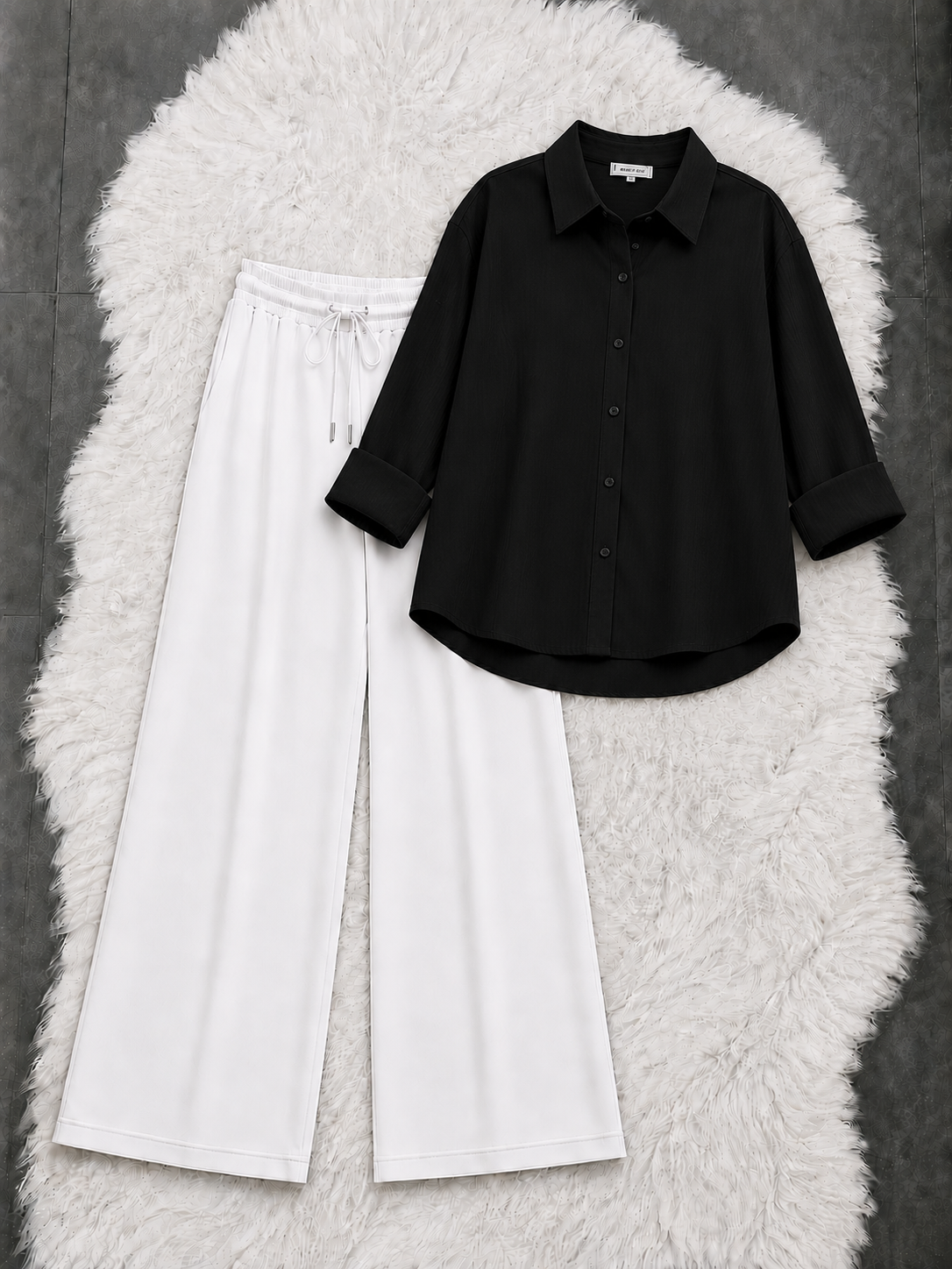 Black Button Down Shirt With White Flapper Trouser