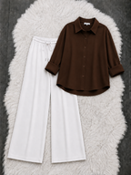Brown Button Down Shirt With White Flapper Trouser