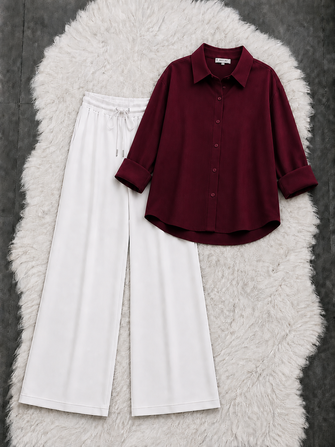 Burgundy Button Down Shirt With White Flapper Trouser