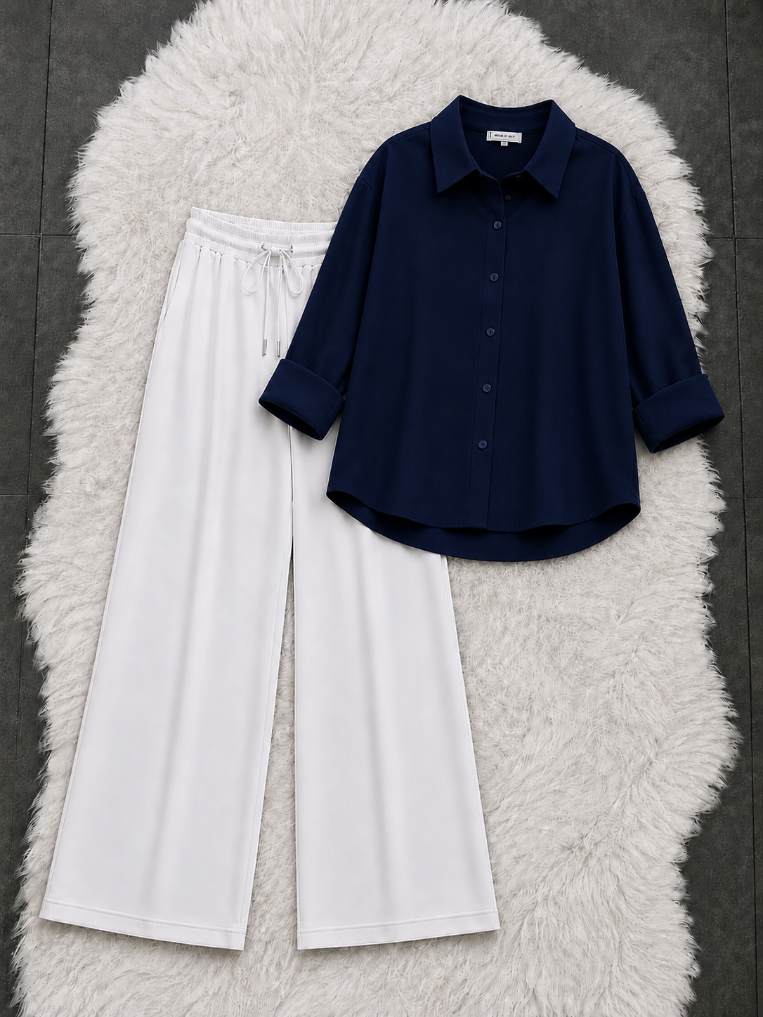 Navy Blue Button Down Shirt With White Flapper Trouser