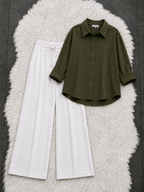 Olive Green Button Down Shirt With White Flapper Trouser