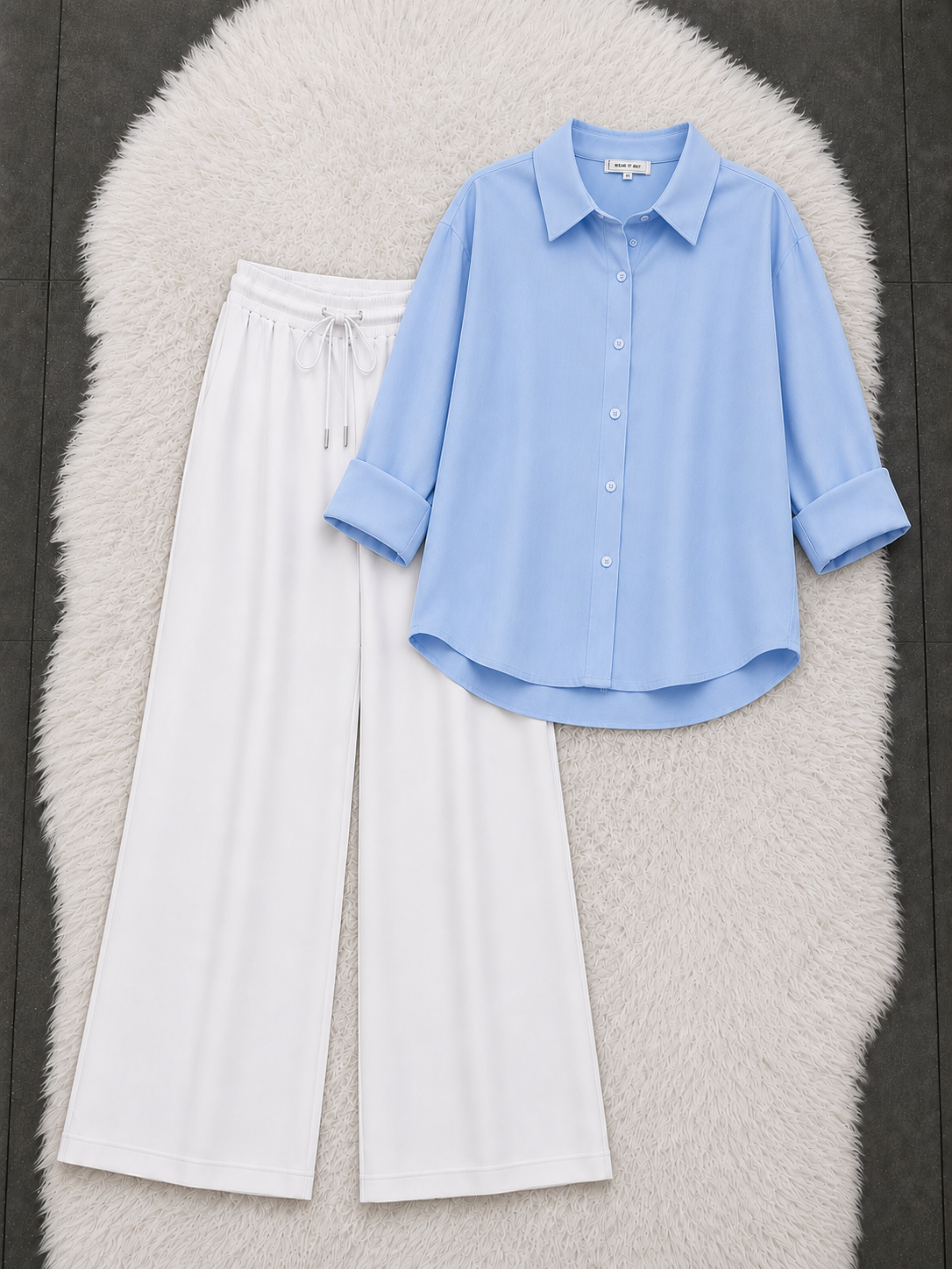 Sky Blue Button Down Shirt With White Flapper Trouser