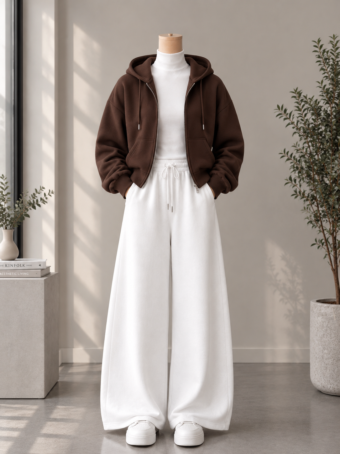 Zipper Hoodie with White High Neck & White Flapper Trouser