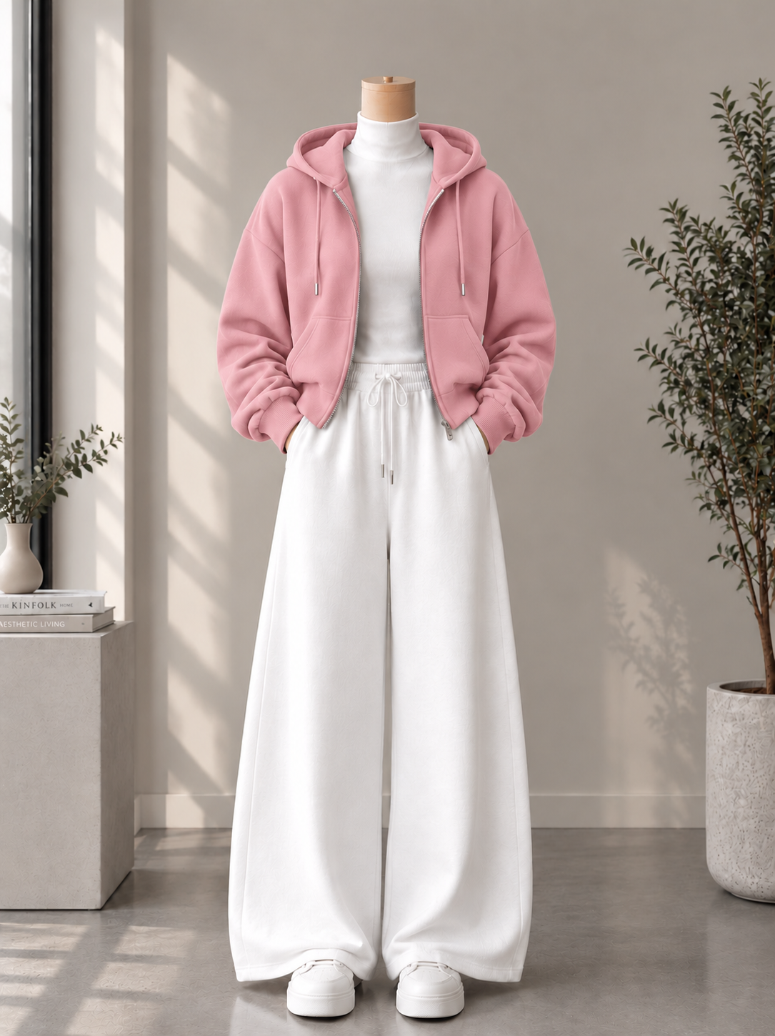 Zipper Hoodie with White High Neck & White Flapper Trouser