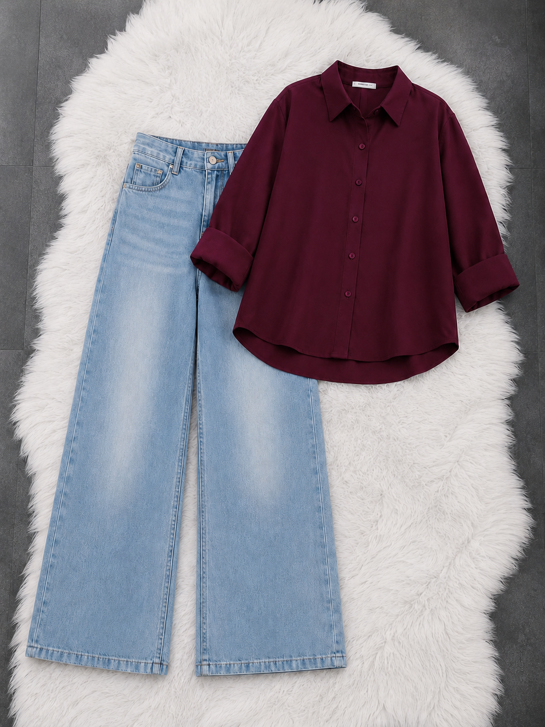 Button-Down Shirt With Ice-Blue Vintage Wide Leg Jeans