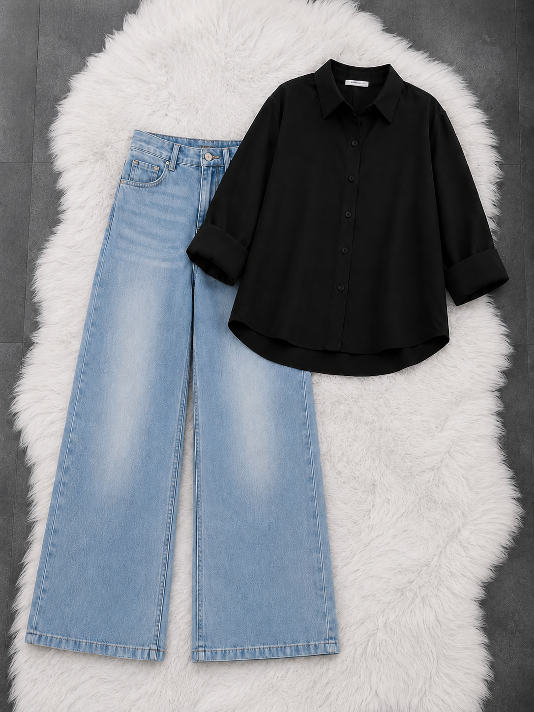 Button-Down Shirt With Ice-Blue Vintage Wide Leg Jeans