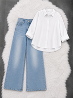 Button-Down Shirt With Ice-Blue Vintage Wide Leg Jeans