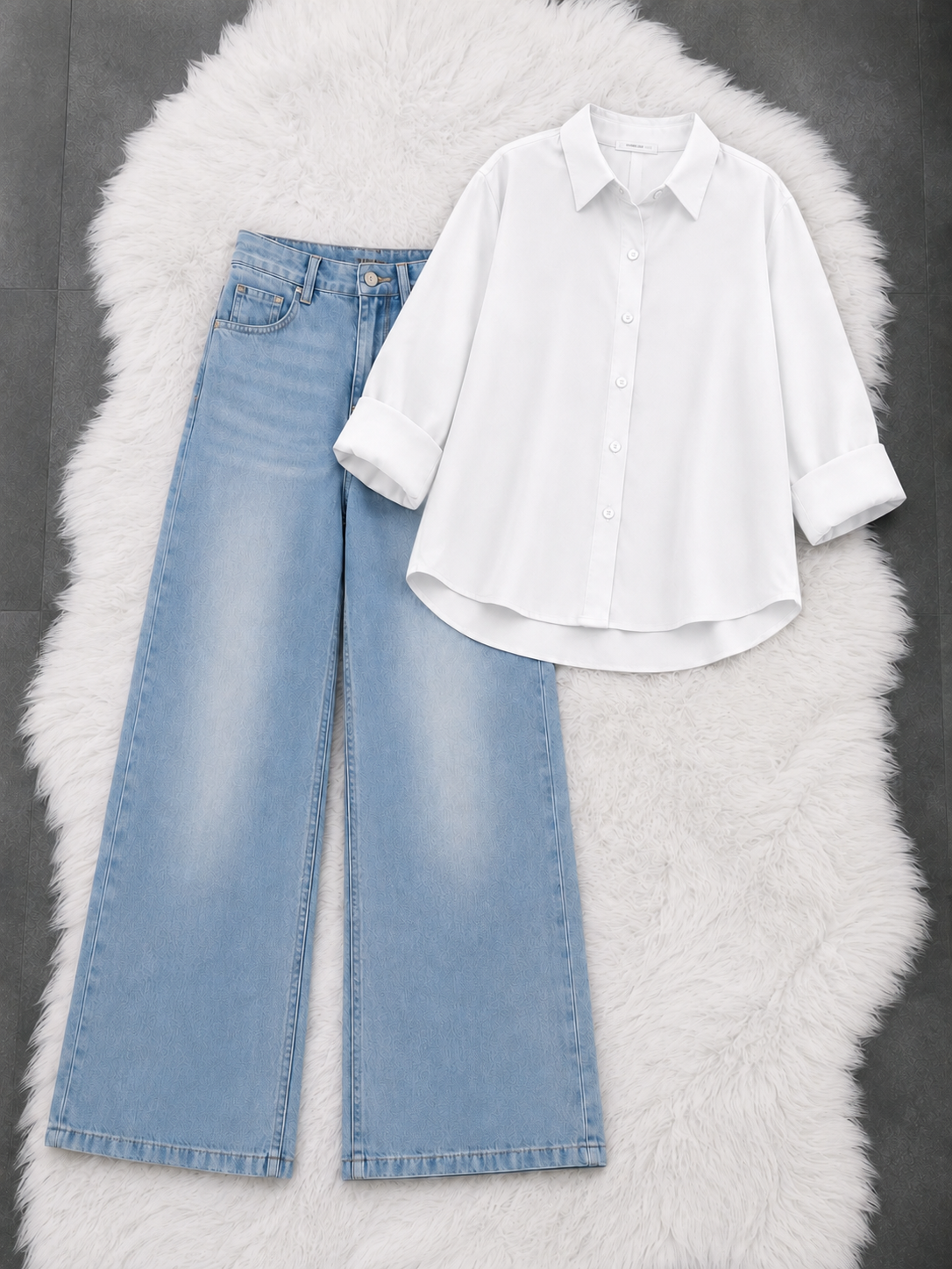Button-Down Shirt With Ice-Blue Vintage Wide Leg Jeans