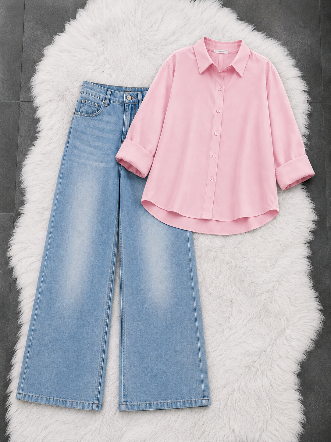 Button-Down Shirt With Ice-Blue Vintage Wide Leg Jeans