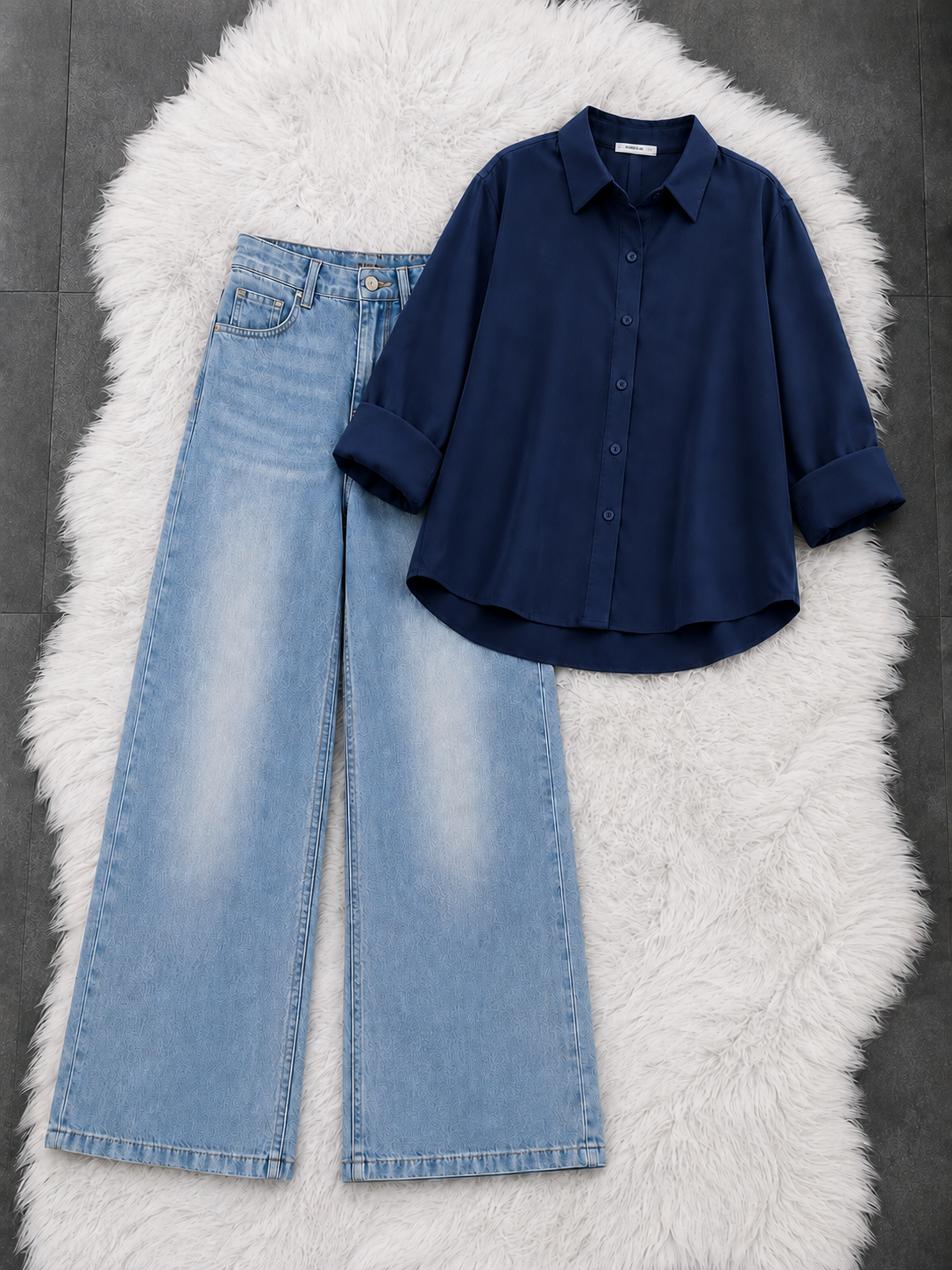 Button-Down Shirt With Ice-Blue Vintage Wide Leg Jeans