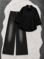 Button-Down Shirt With Black Vintage Wide Leg Jeans