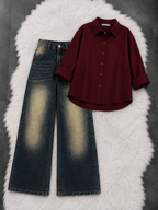 Button-Down Shirt With Greenish-Blue Vintage Wide Leg Jeans