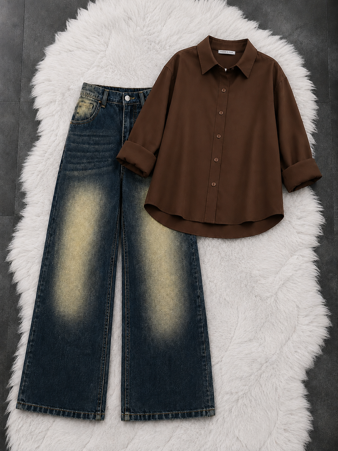 Button-Down Shirt With Greenish-Blue Vintage Wide Leg Jeans