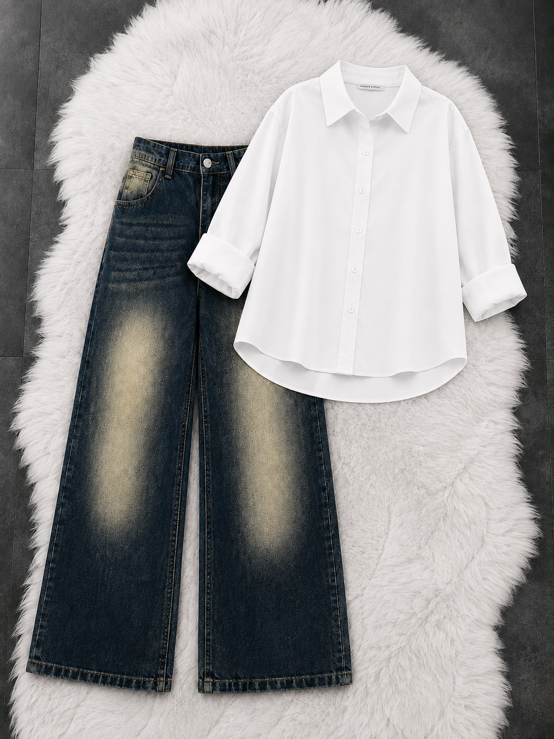 Button-Down Shirt With Greenish-Blue Vintage Wide Leg Jeans