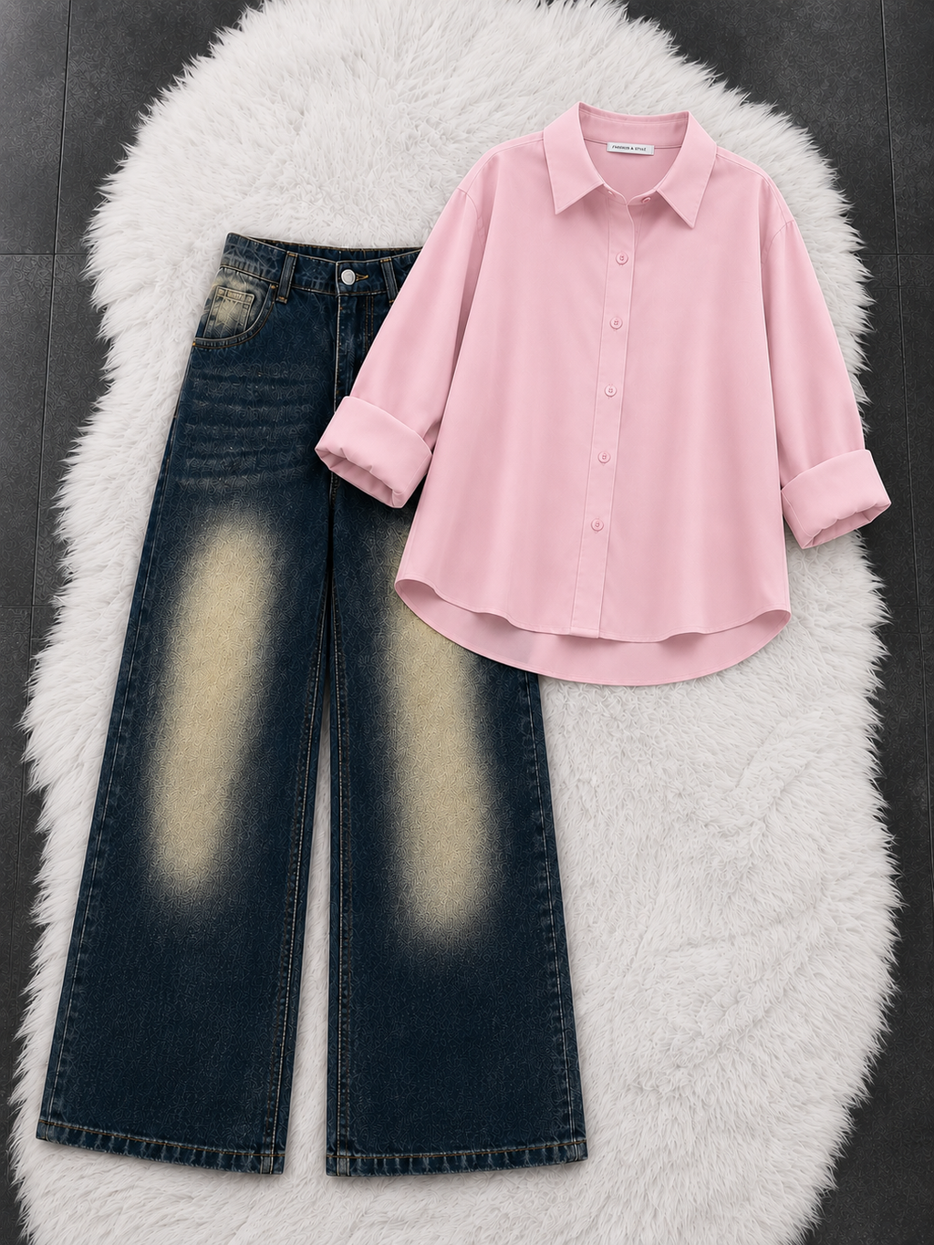 Button-Down Shirt With Greenish-Blue Vintage Wide Leg Jeans