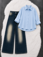 Button-Down Shirt With Greenish-Blue Vintage Wide Leg Jeans