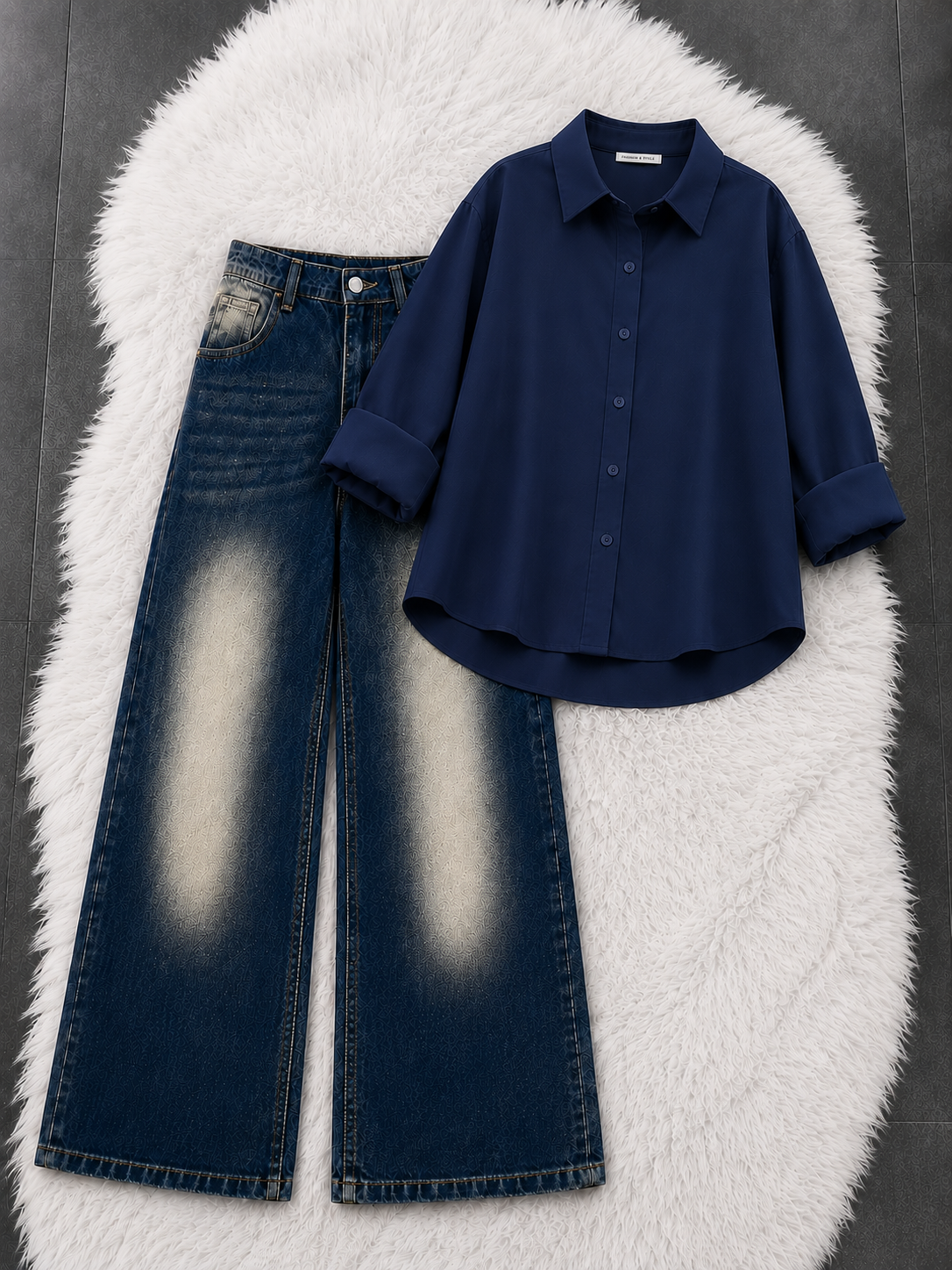 Button-Down Shirt With Greenish-Blue Vintage Wide Leg Jeans