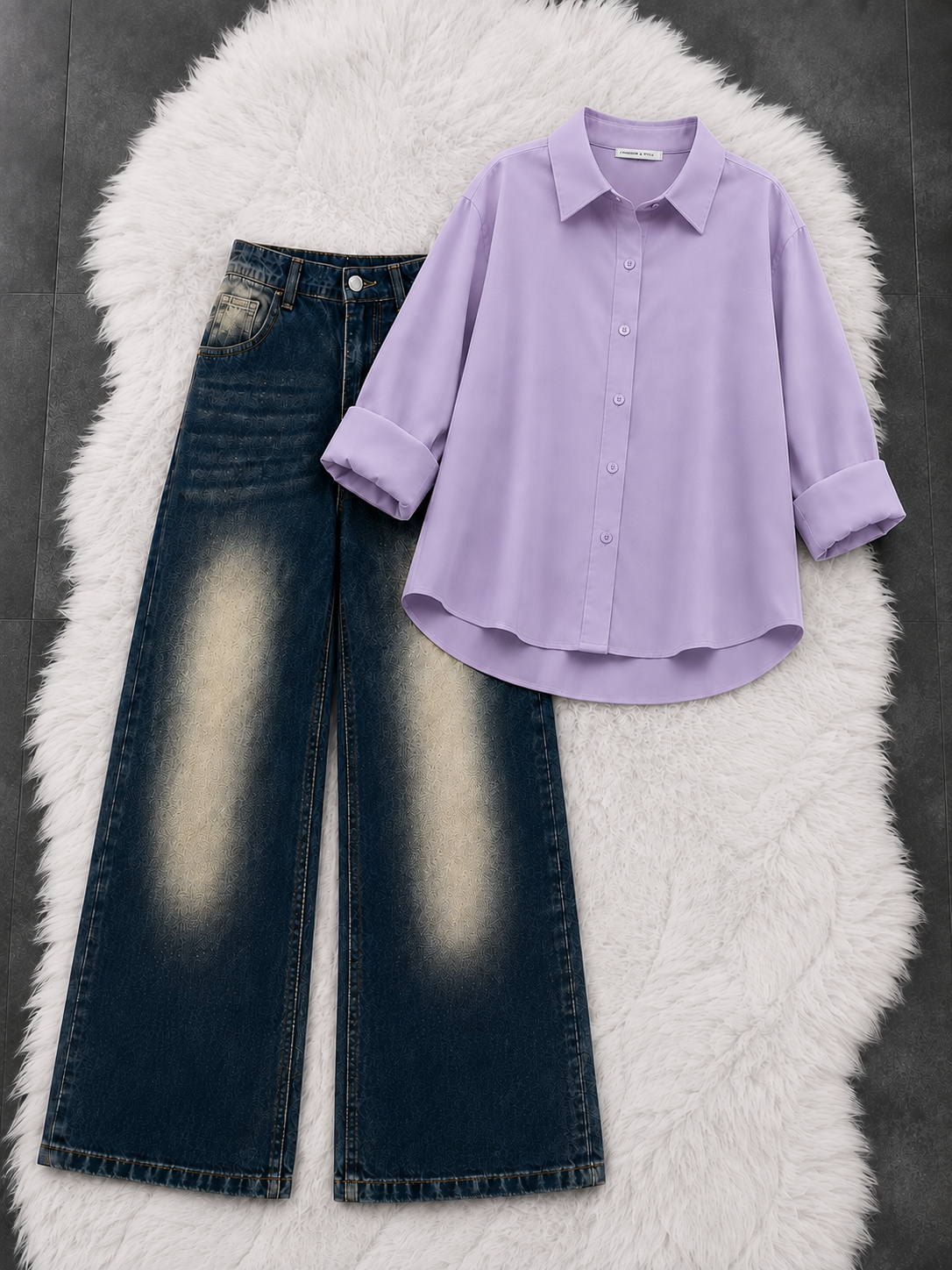 Button-Down Shirt With Greenish-Blue Vintage Wide Leg Jeans