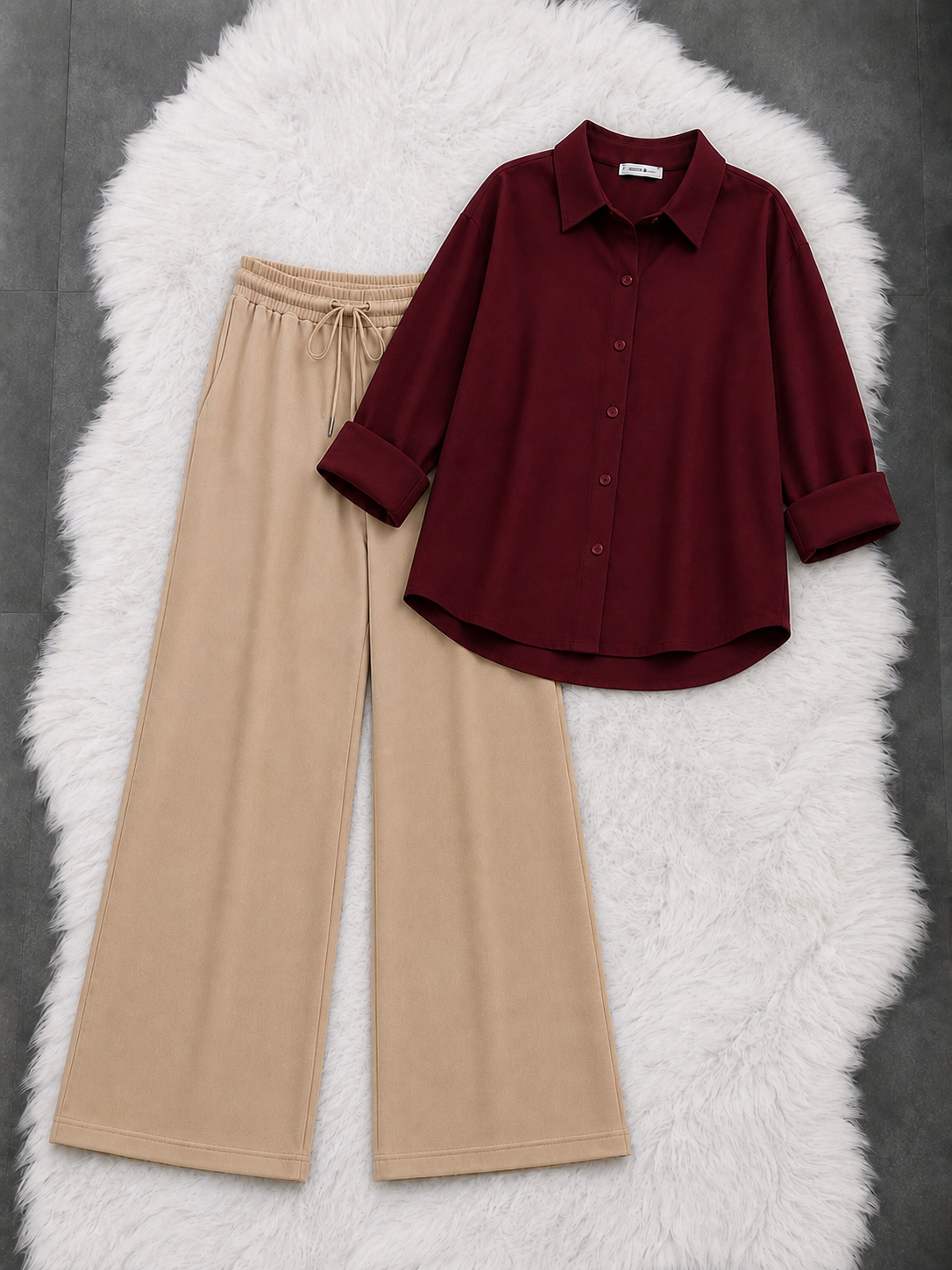 Maroon Button Down Shirt With Beige Flapper Trouser