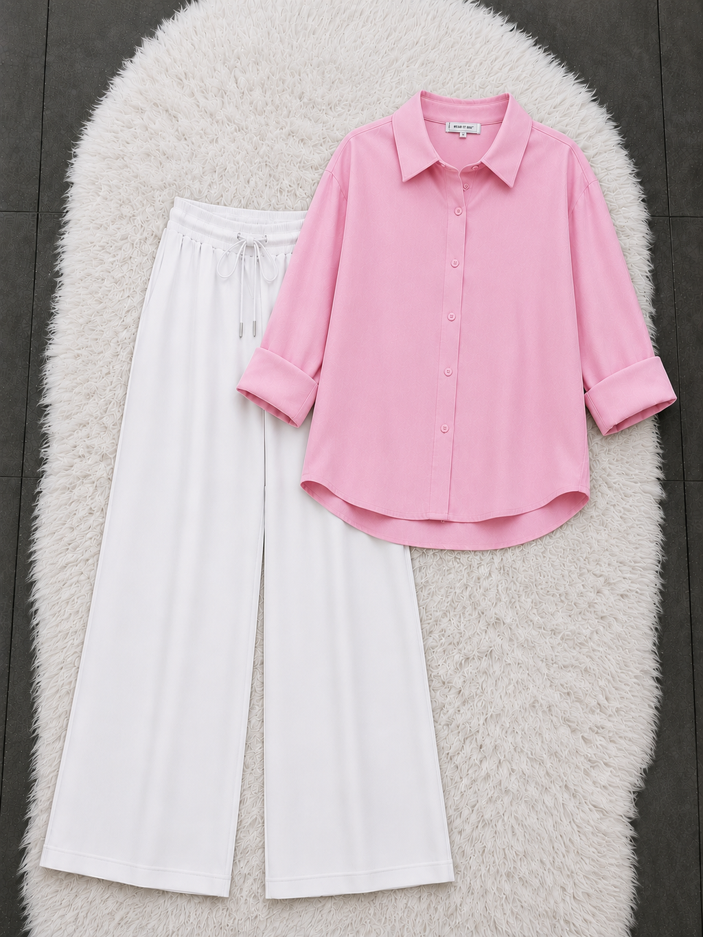 Baby Pink Button Down Shirt With White Flapper Trouser