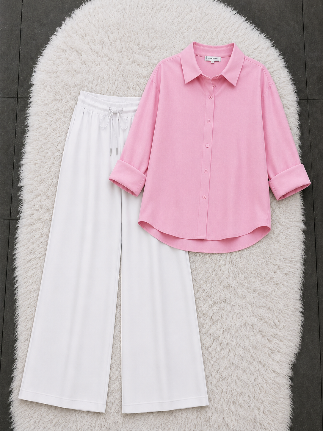 Baby Pink Button Down Shirt With White Flapper Trouser