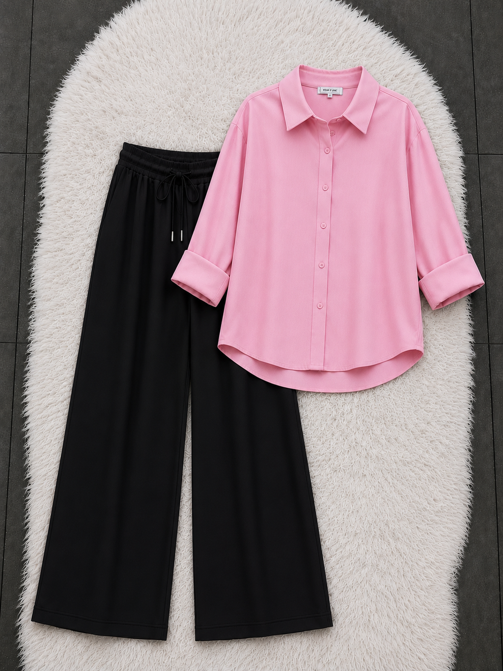 Pink Button Down Shirt With Black Flapper Trouser