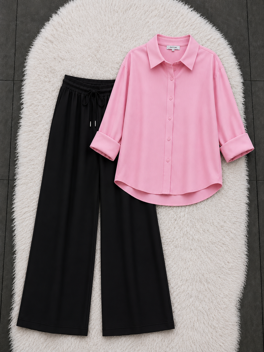 Pink Button Down Shirt With Black Flapper Trouser