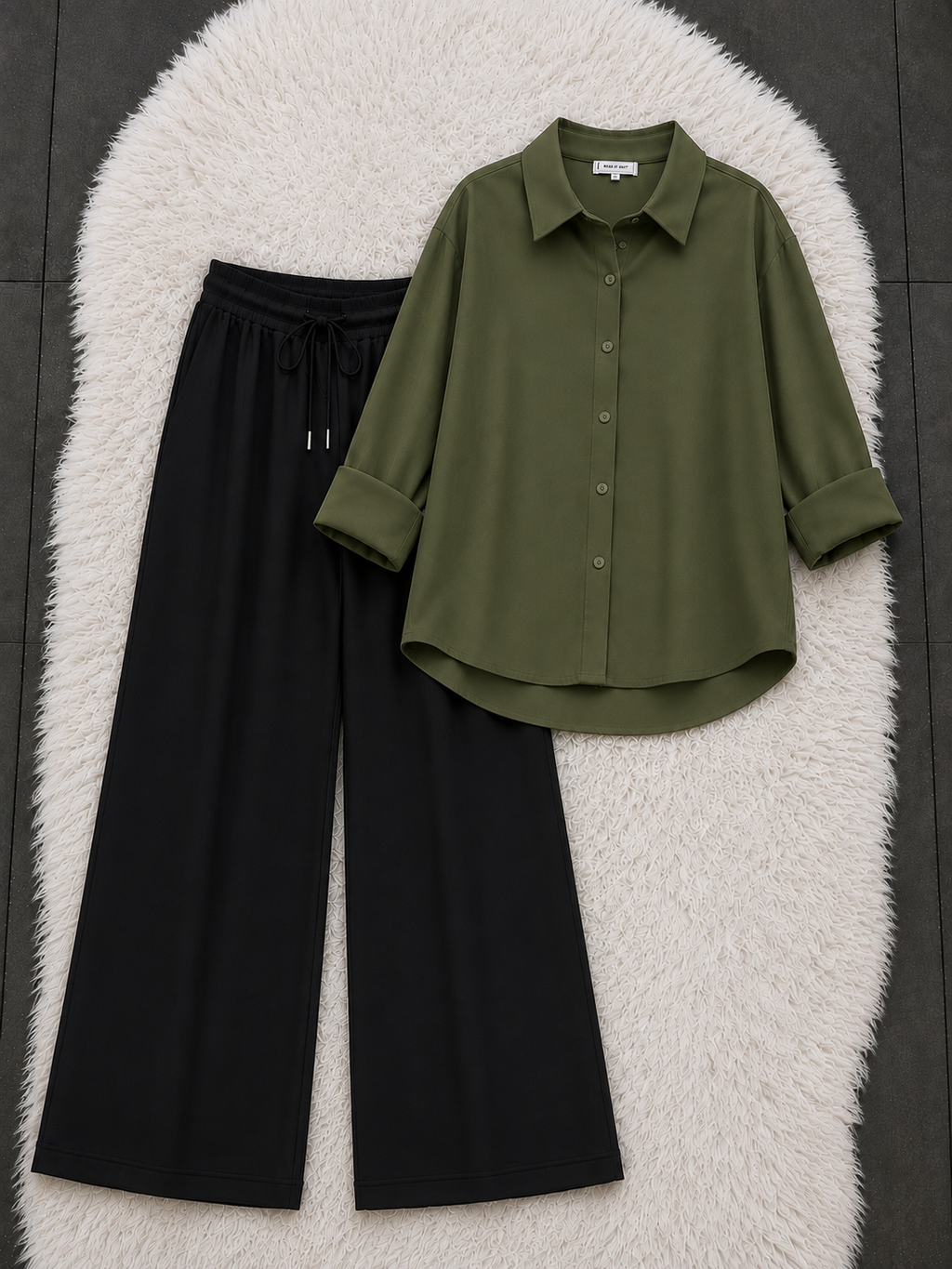 Olive Green Button Down Shirt With Black Flapper Trouser