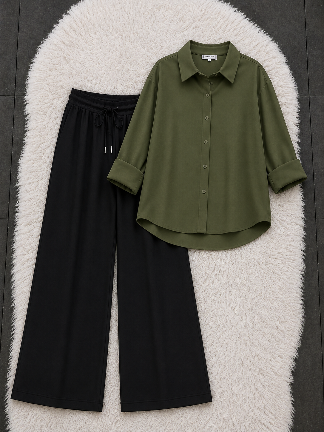 Olive Green Button Down Shirt With Black Flapper Trouser
