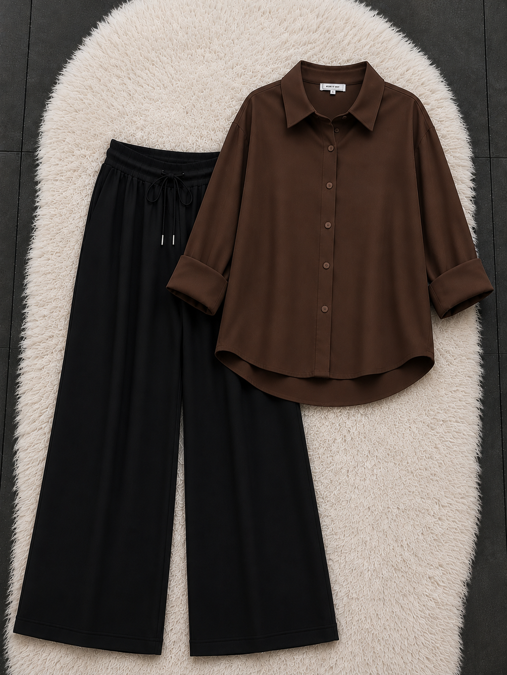 Brown Button Down Shirt With Black Flapper Trouser