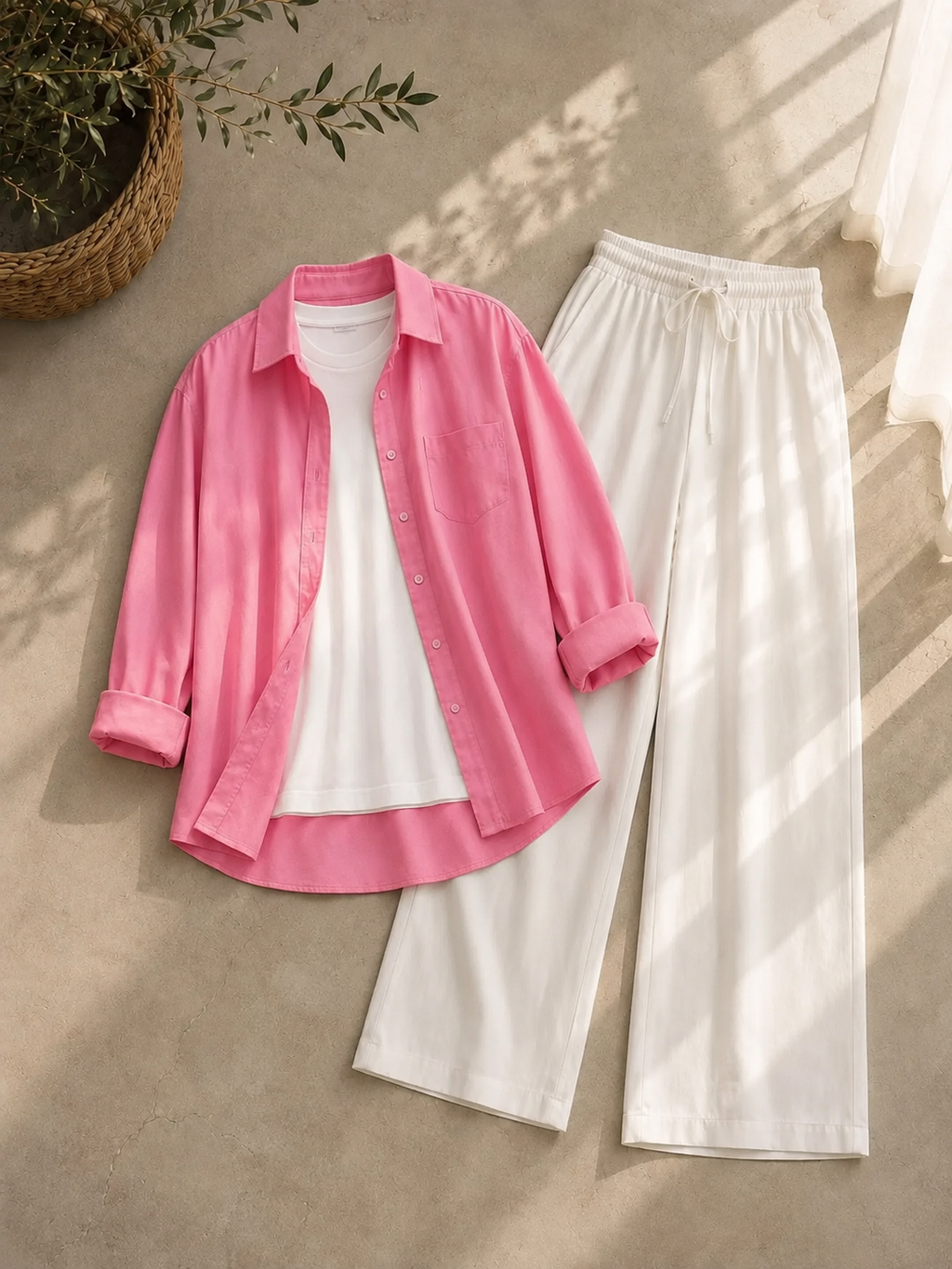 Baby-Pink Button Down Shirt With White Inner & White Flapper Trouser