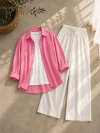 Baby-Pink Button Down Shirt With White Inner & White Flapper Trouser