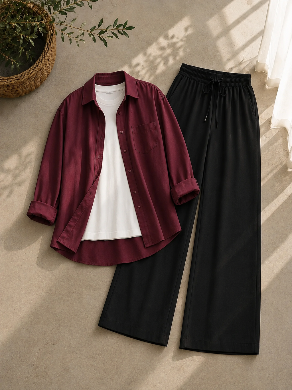 Maroon Button Down Shirt With White Inner & Black Flapper Trouser