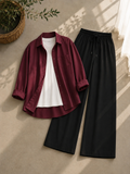 Maroon Button Down Shirt With White Inner & Black Flapper Trouser
