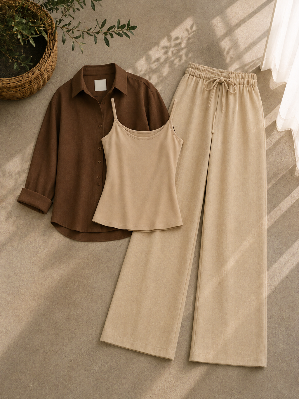 Brown Button Down Shirt With Beige Inner & Beige Flapper Trouser