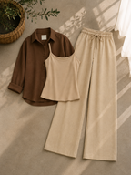 Brown Button Down Shirt With Beige Inner & Beige Flapper Trouser