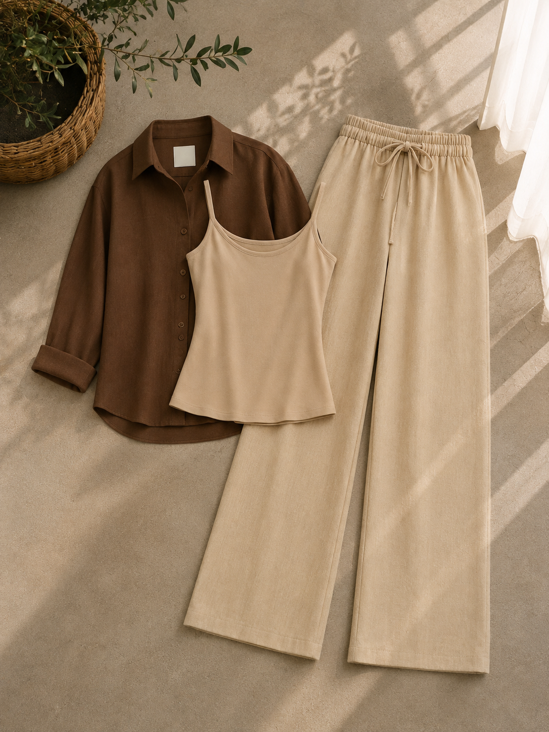 Brown Button Down Shirt With Beige Inner & Beige Flapper Trouser
