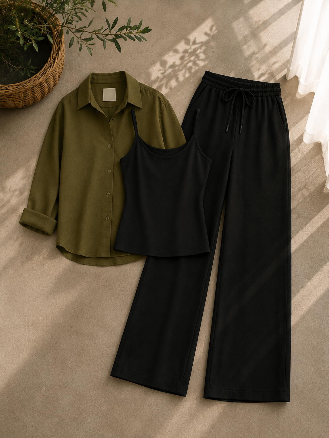 Olive-Green Button Down Shirt With Beige Inner & Beige Flapper Trouser