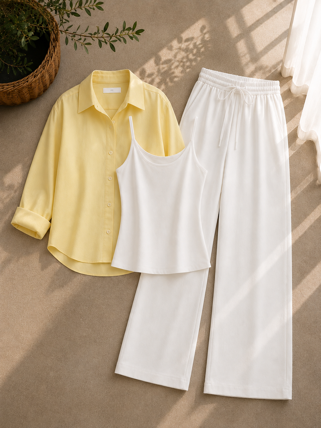 Butter Yellow Button Down Shirt With White Inner & White Flapper Trouser