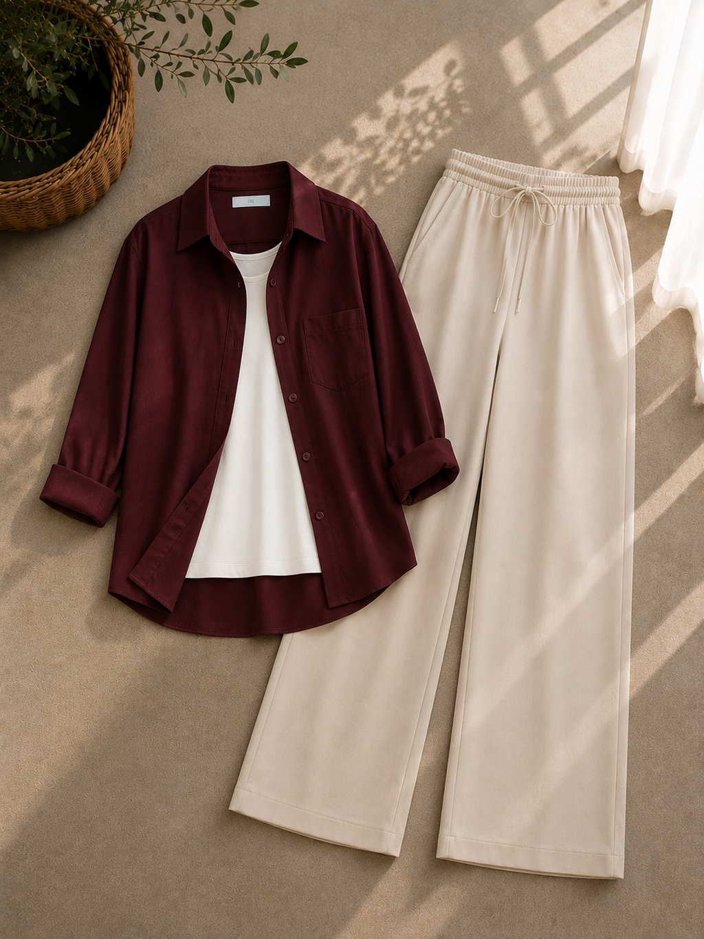 Maroon Button Down Shirt With White Inner & Beige Flapper Trouser