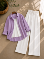 Lilac Button Down Shirt With White Inner & White Flapper Trouser