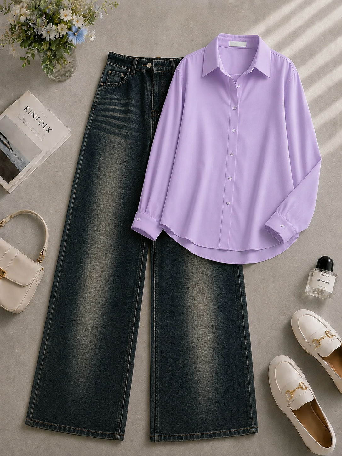 Lilac Button Down Shirt & Shaded Kaigreen Shaded Wide Leg Jeans