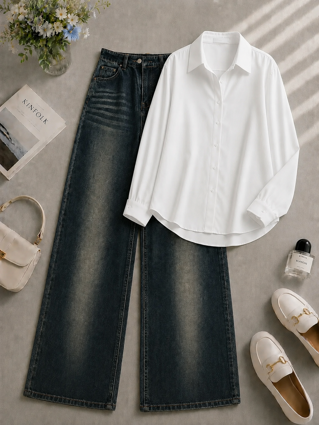 White Button Down Shirt & Shaded Kai-Green Shaded Wide Leg Jeans
