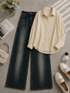 Beige Button Down Shirt & Shaded Kai-Green Shaded Wide Leg Jeans