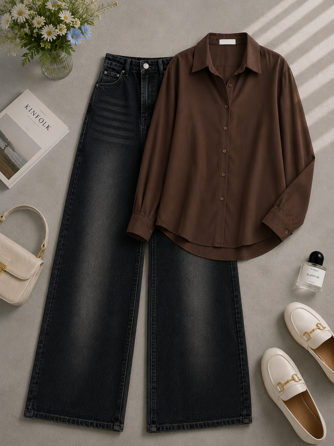 Brown Button Down Shirt & Shaded Black Shaded Wide Leg Jeans