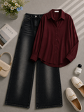 Maroon Button Down Shirt & Shaded Black Shaded Wide Leg Jeans