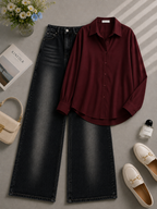 Maroon Button Down Shirt & Shaded Black Shaded Wide Leg Jeans