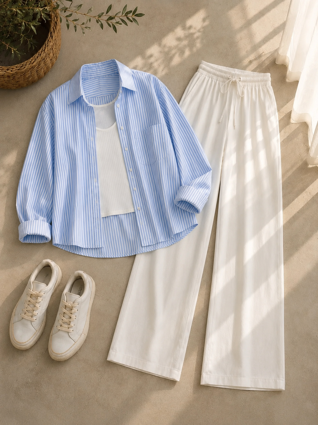 Blue Lining Button Down Shirt With White Inner and White Flapper Trouser