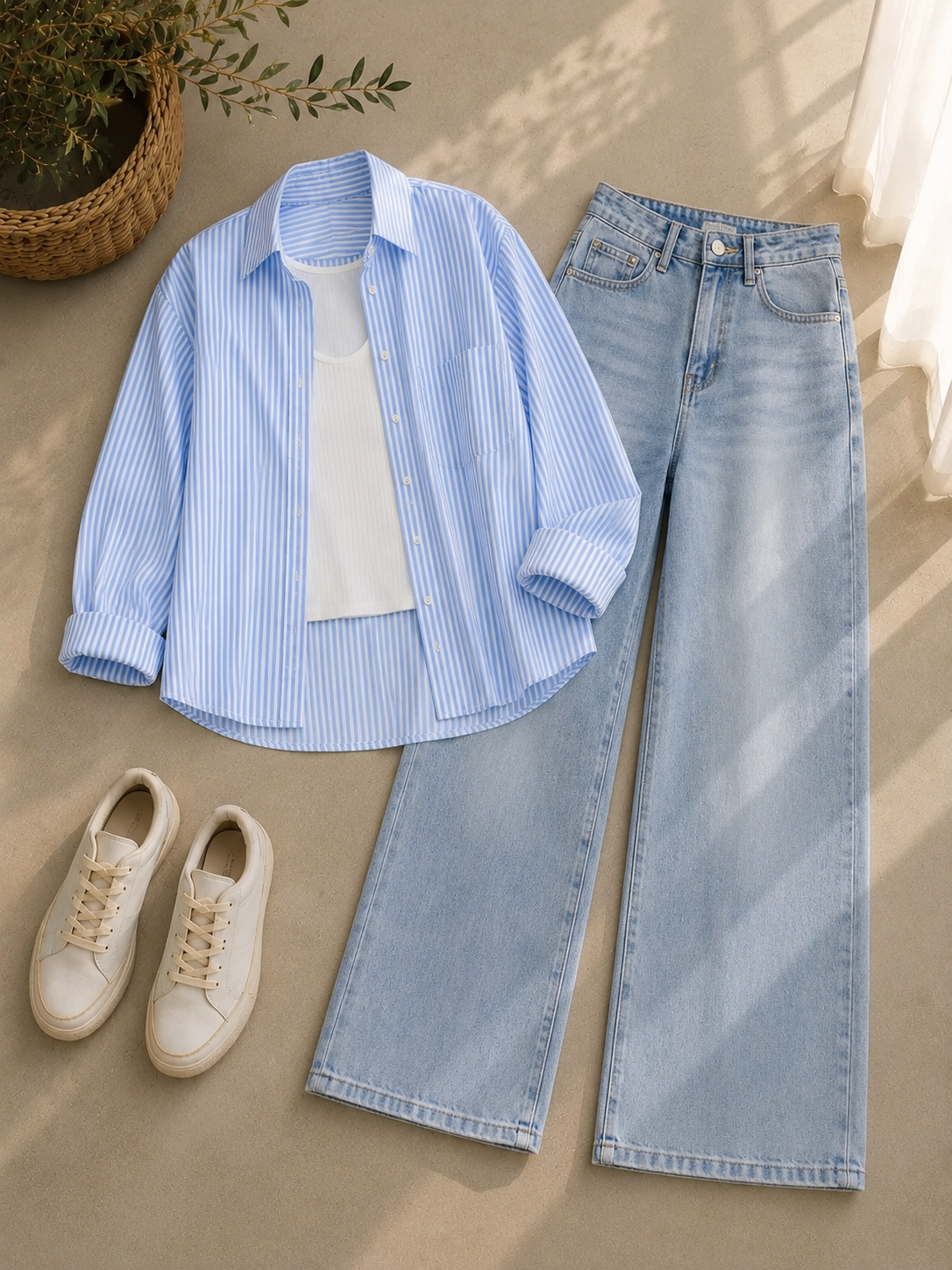 Blue Lining Button Down Shirt With White Inner and Ice-Blue Wide Leg Jeans